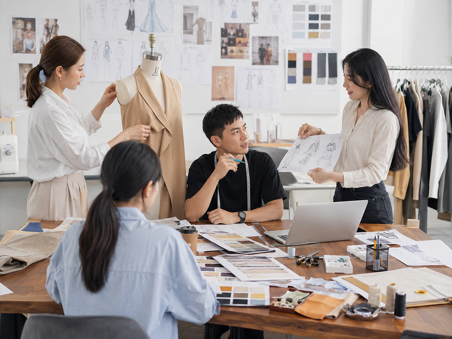 Design team reviewing garments on a dress form
