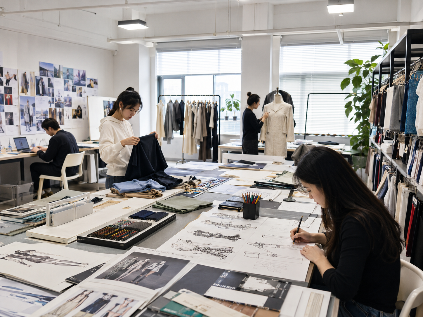 Designers selecting fabrics and sketching