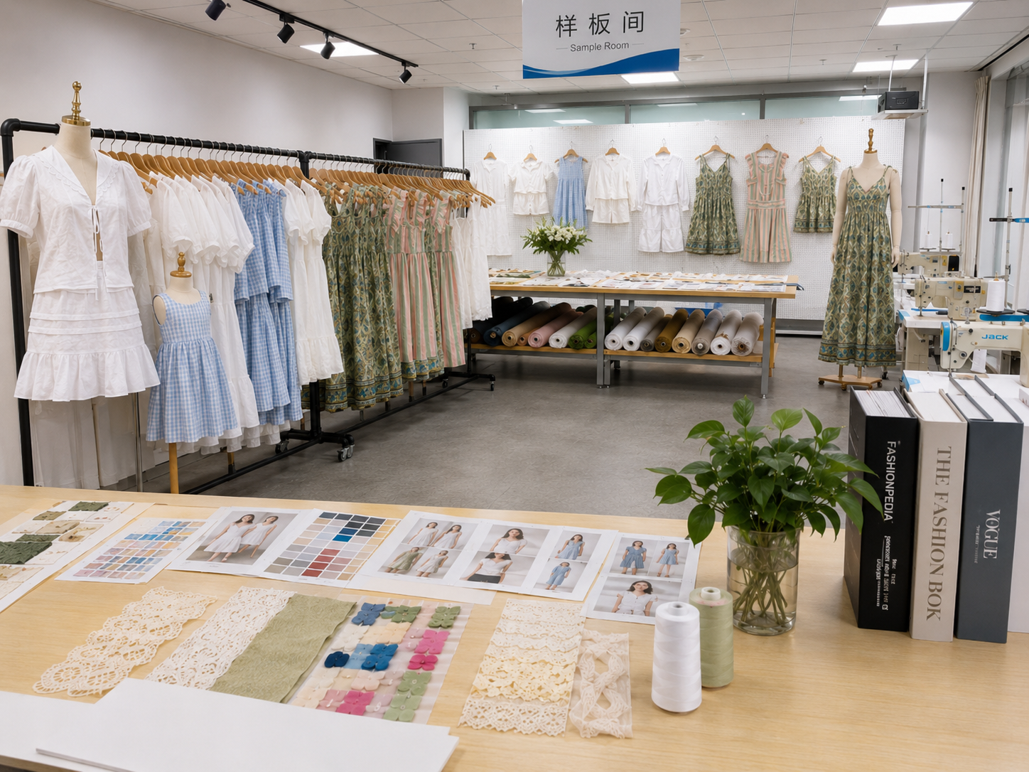 Sample room with hanging garments